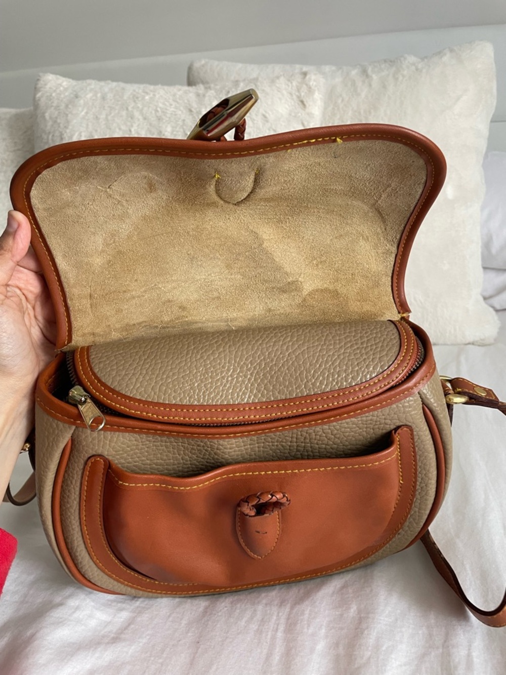 Dooney & Bourke Vintage Crossbody Saddle Bag in Taupe and Cognac - Picture 7 of 9